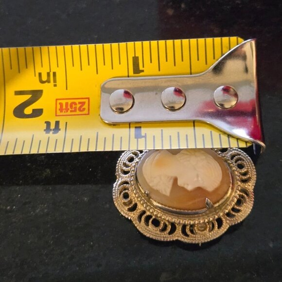 Vintage Cameo Brooch Carved Shell Portrait 1920s Orange White ornate filagree - Picture 9 of 9